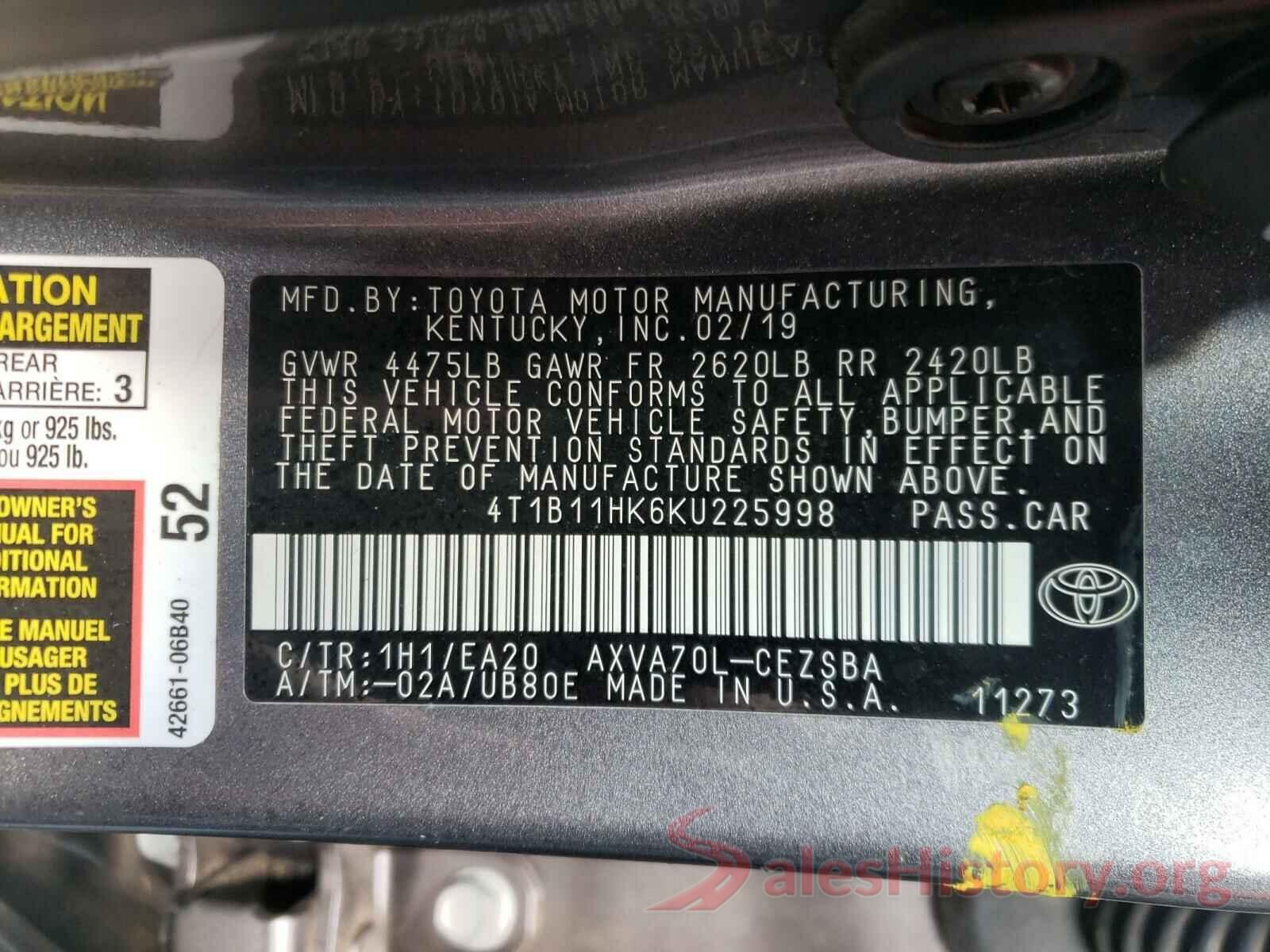 4T1B11HK6KU225998 2019 TOYOTA CAMRY