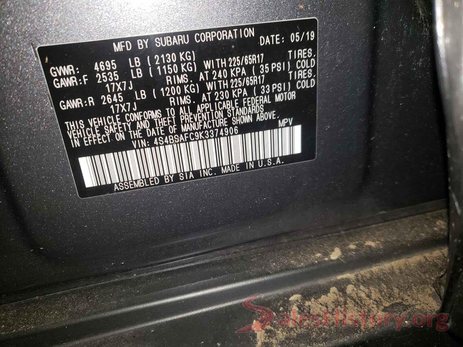 4S4BSAFC9K3374906 2019 SUBARU OUTBACK