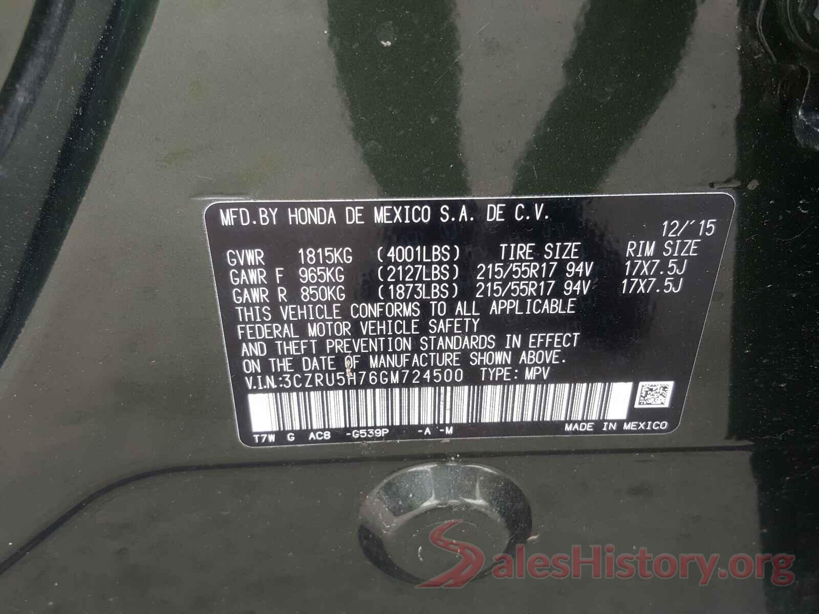 3CZRU5H76GM724500 2016 HONDA HR-V