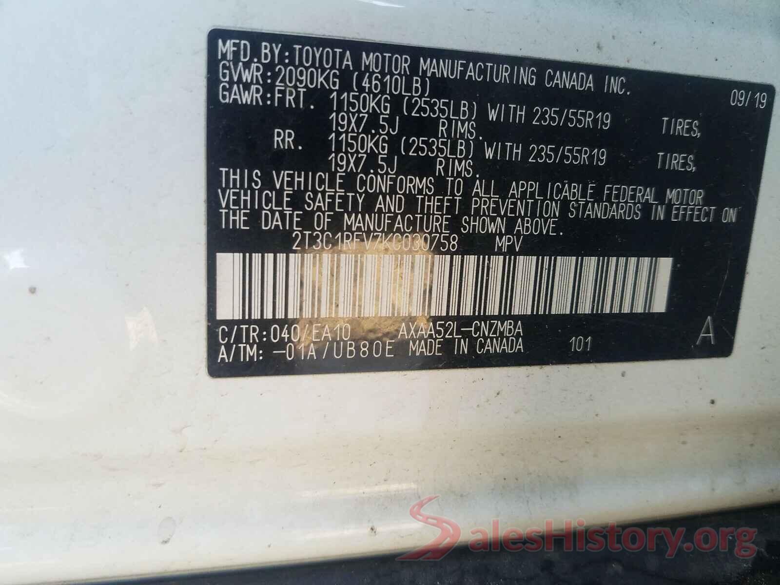 2T3C1RFV7KC030758 2019 TOYOTA RAV4