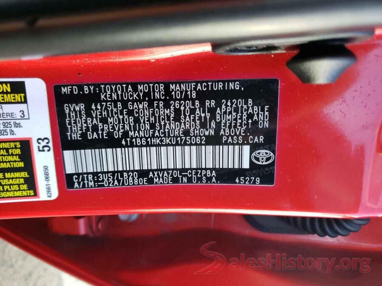 4T1B61HK3KU175062 2019 TOYOTA CAMRY