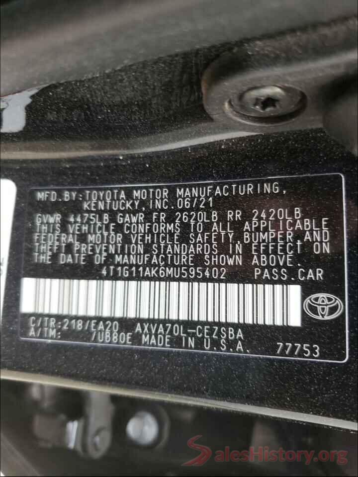 4T1G11AK6MU595402 2021 TOYOTA CAMRY