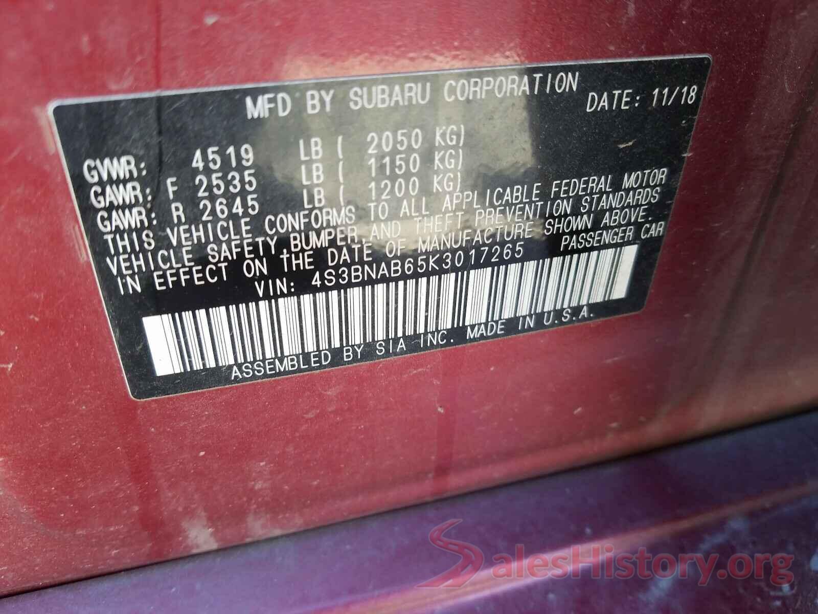 4S3BNAB65K3017265 2019 SUBARU LEGACY