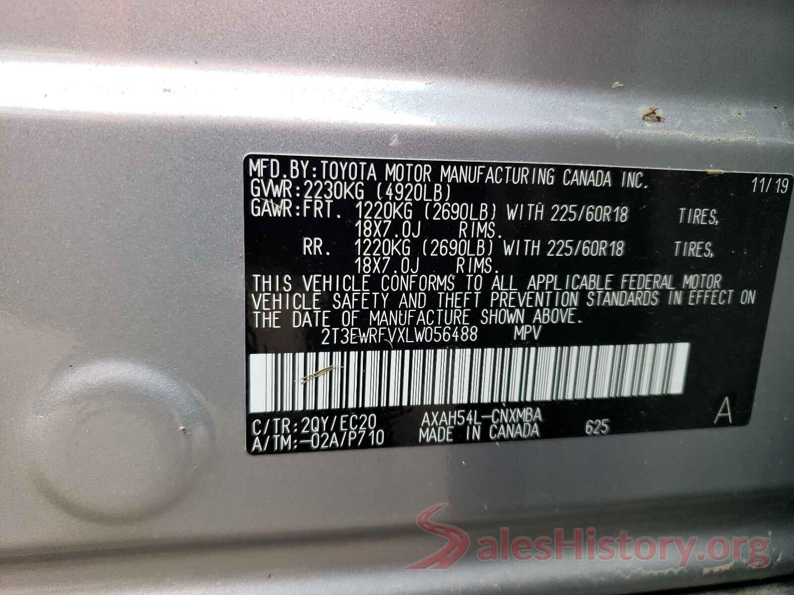 2T3EWRFVXLW056488 2020 TOYOTA RAV4