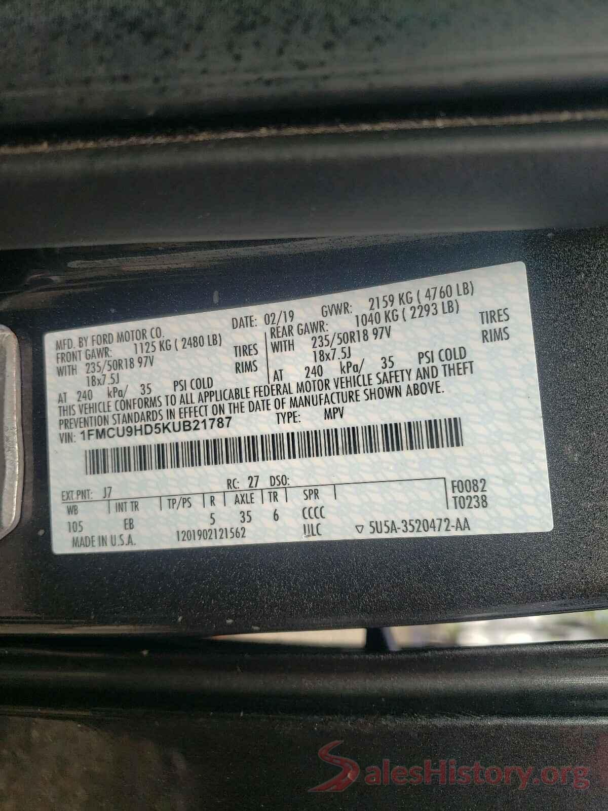 1FMCU9HD5KUB21787 2019 FORD ESCAPE