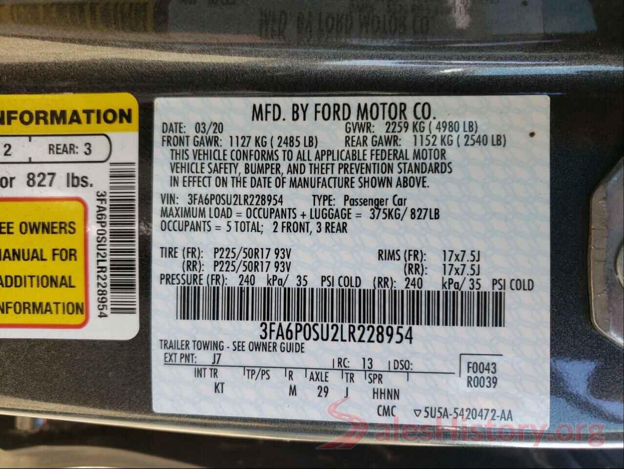 3FA6P0SU2LR228954 2020 FORD FUSION