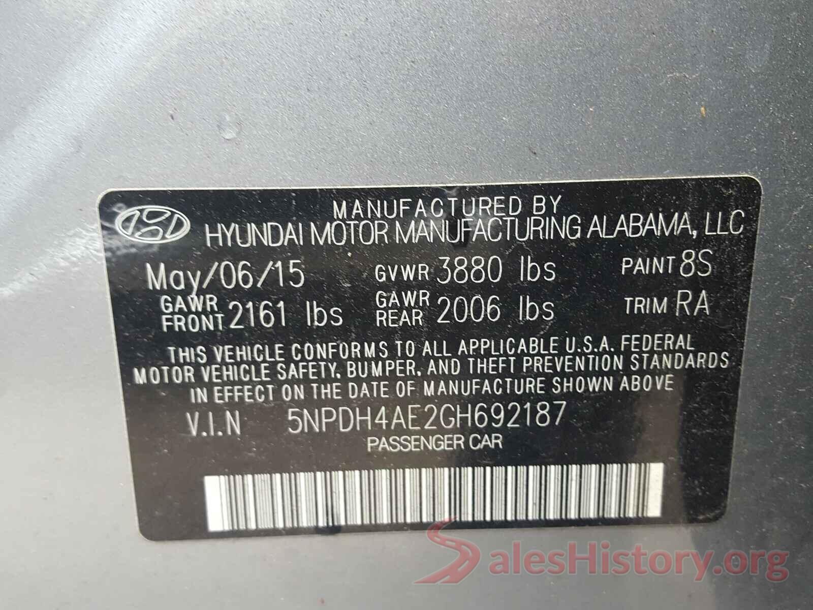 5NPDH4AE2GH692187 2016 HYUNDAI ELANTRA