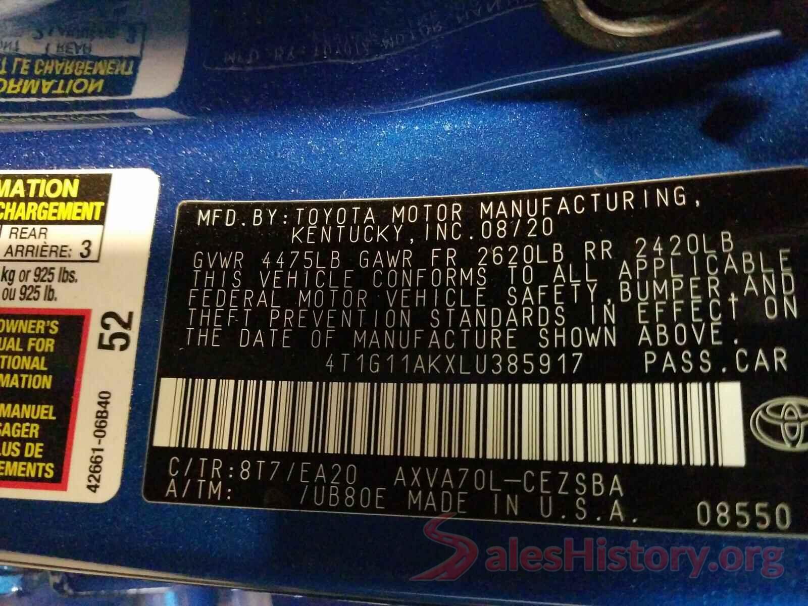 4T1G11AKXLU385917 2020 TOYOTA CAMRY