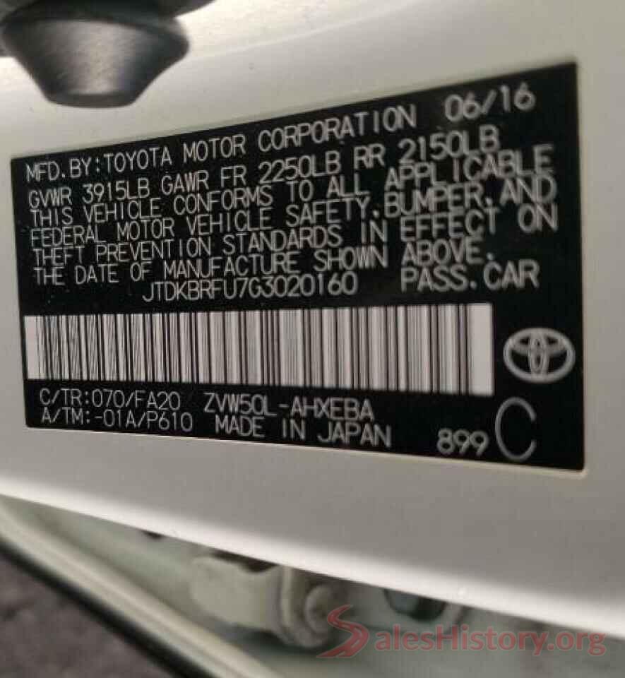 JTDKBRFU7G3020160 2016 TOYOTA PRIUS