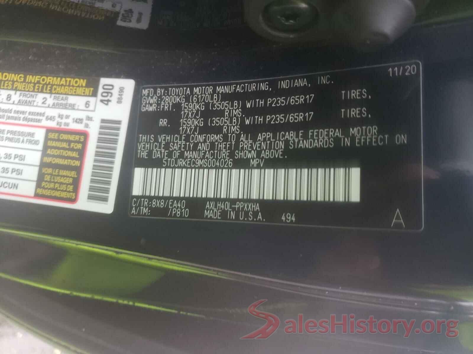 5TDJRKEC9MS004026 2021 TOYOTA SIENNA