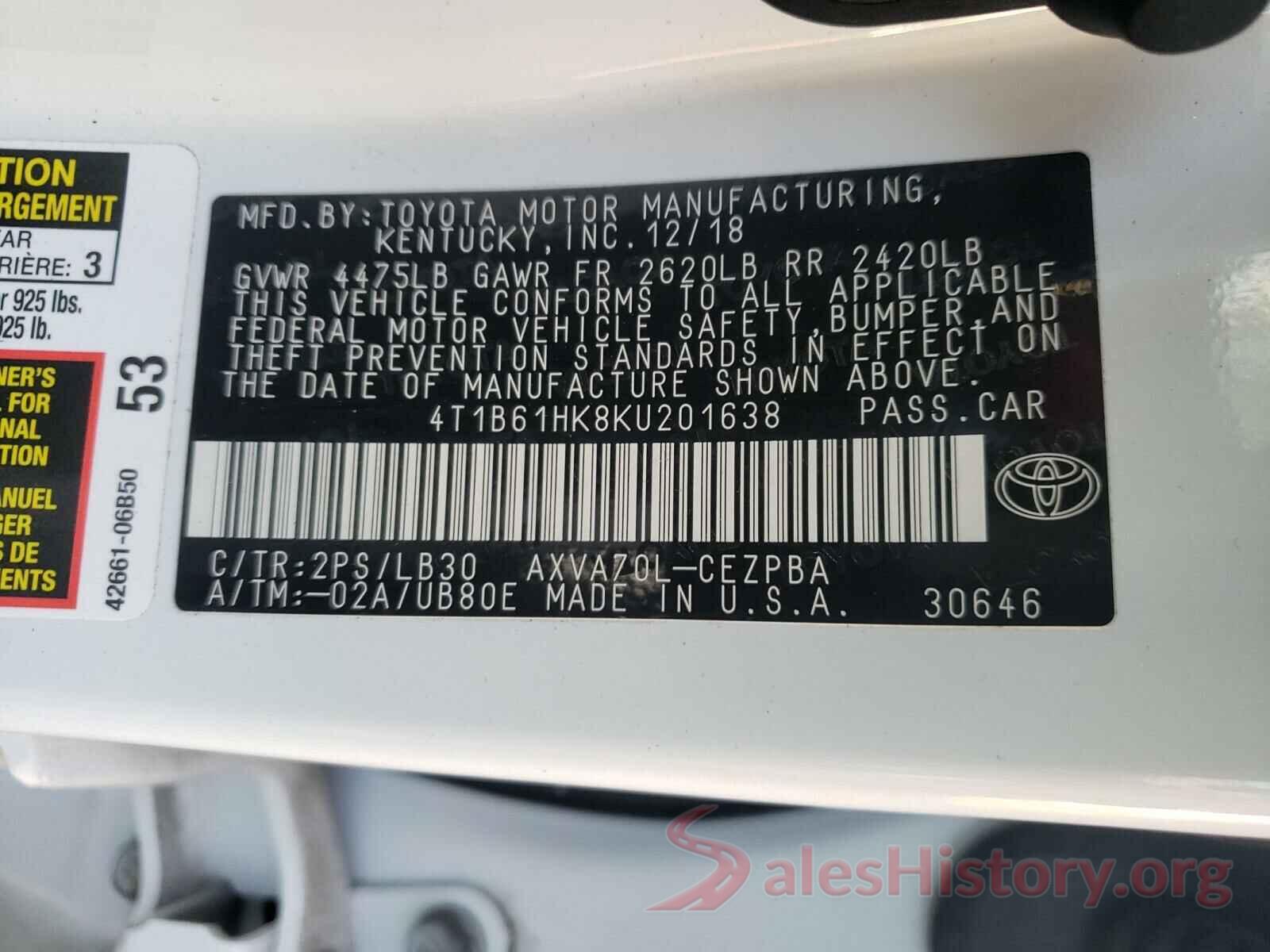 4T1B61HK8KU201638 2019 TOYOTA CAMRY