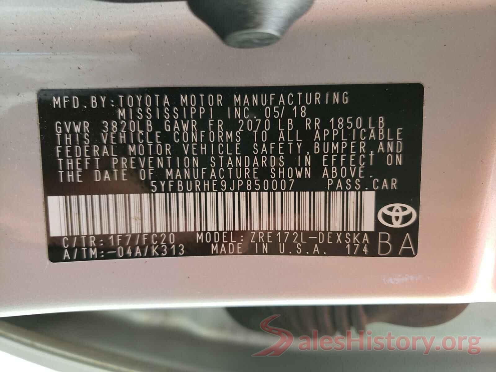 5YFBURHE9JP850007 2018 TOYOTA COROLLA