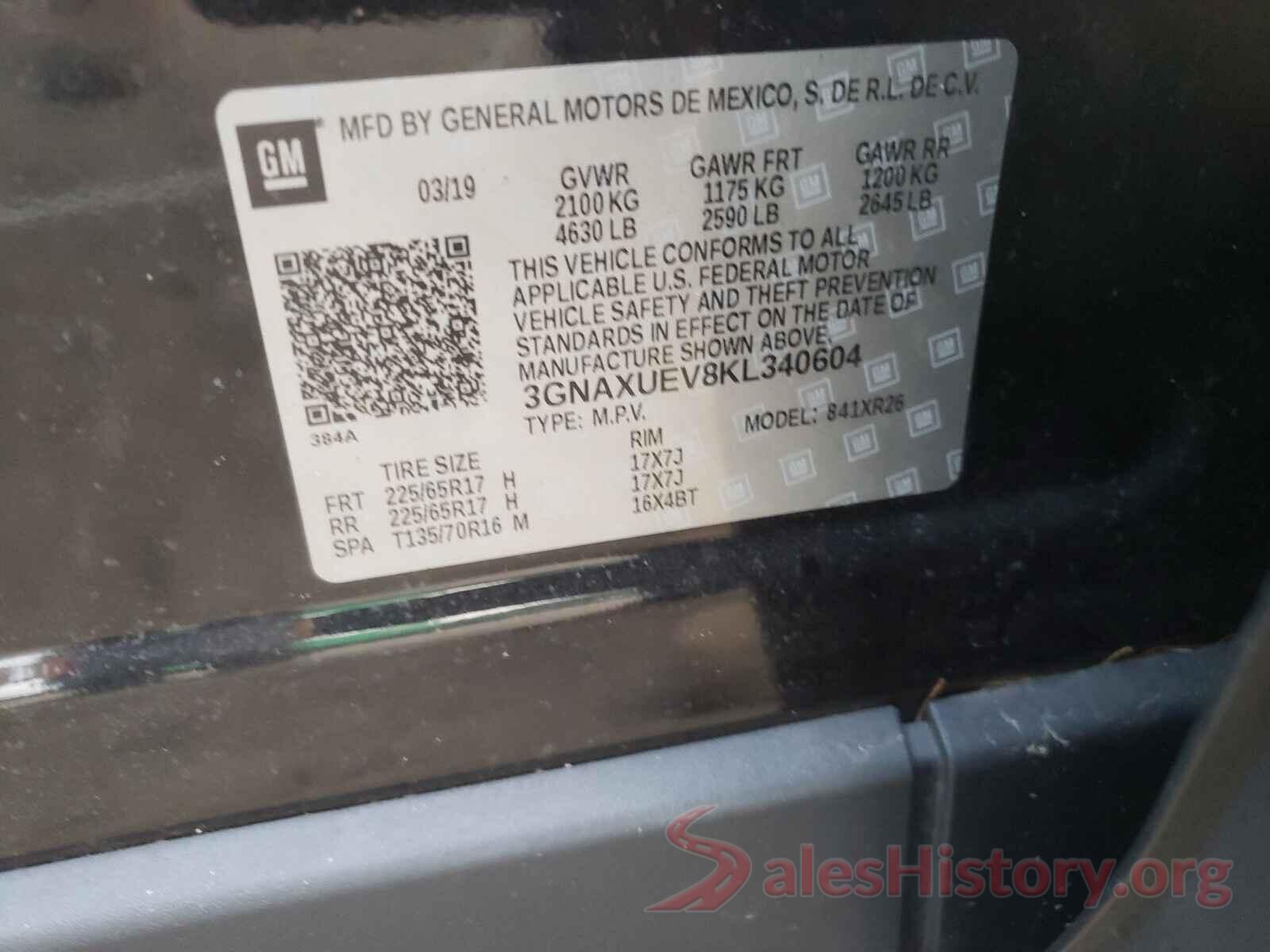 3GNAXUEV8KL340604 2019 CHEVROLET EQUINOX