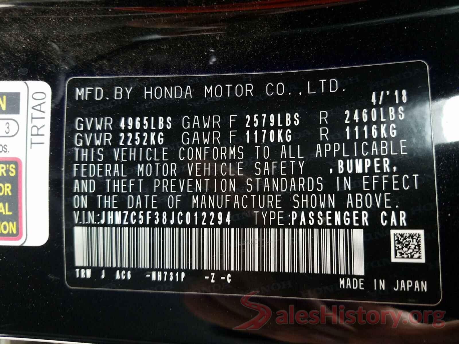 JHMZC5F38JC012294 2018 HONDA CLARITY