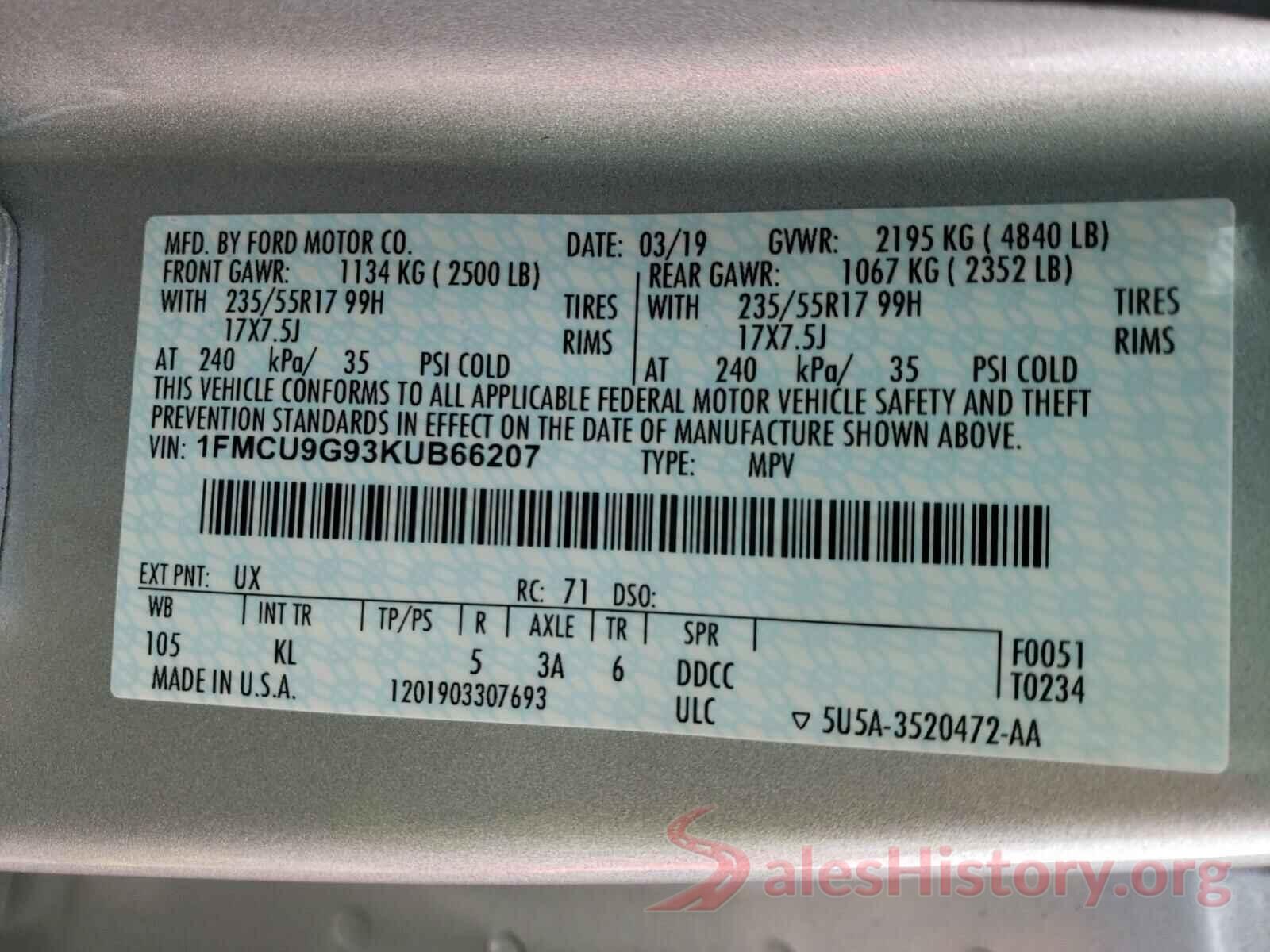 1FMCU9G93KUB66207 2019 FORD ESCAPE