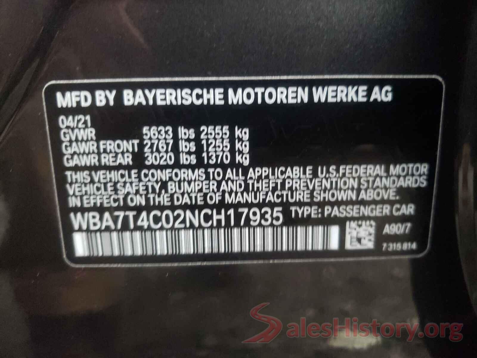 WBA7T4C02NCH17935 2022 BMW 7 SERIES