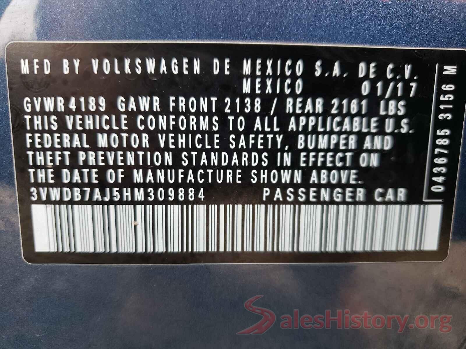 3VWDB7AJ5HM309884 2017 VOLKSWAGEN JETTA