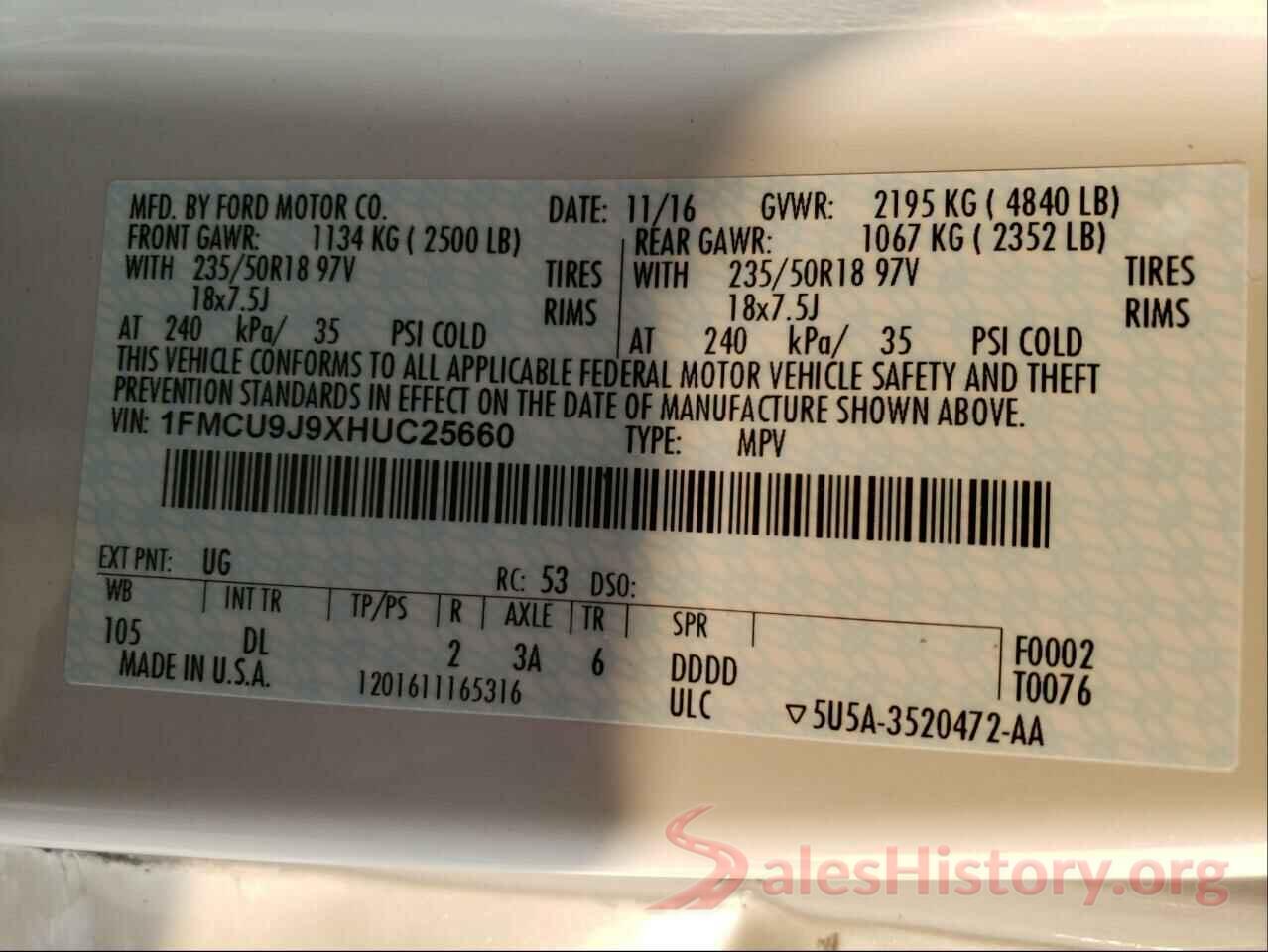 1FMCU9J9XHUC25660 2017 FORD ESCAPE