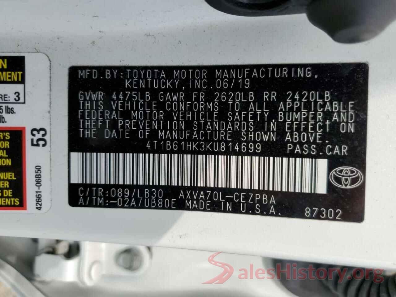 4T1B61HK3KU814699 2019 TOYOTA CAMRY