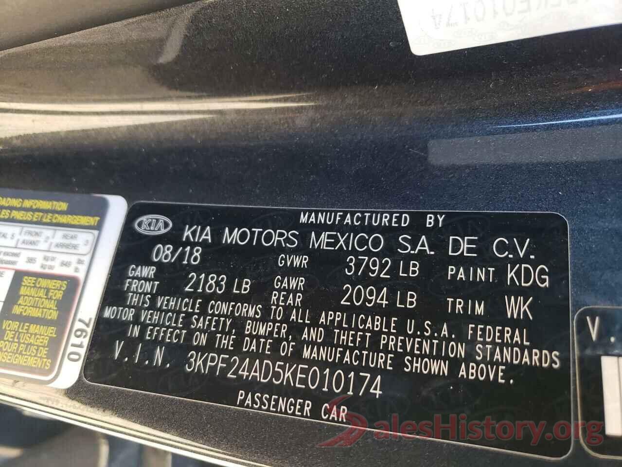 3KPF24AD5KE010174 2019 KIA FORTE