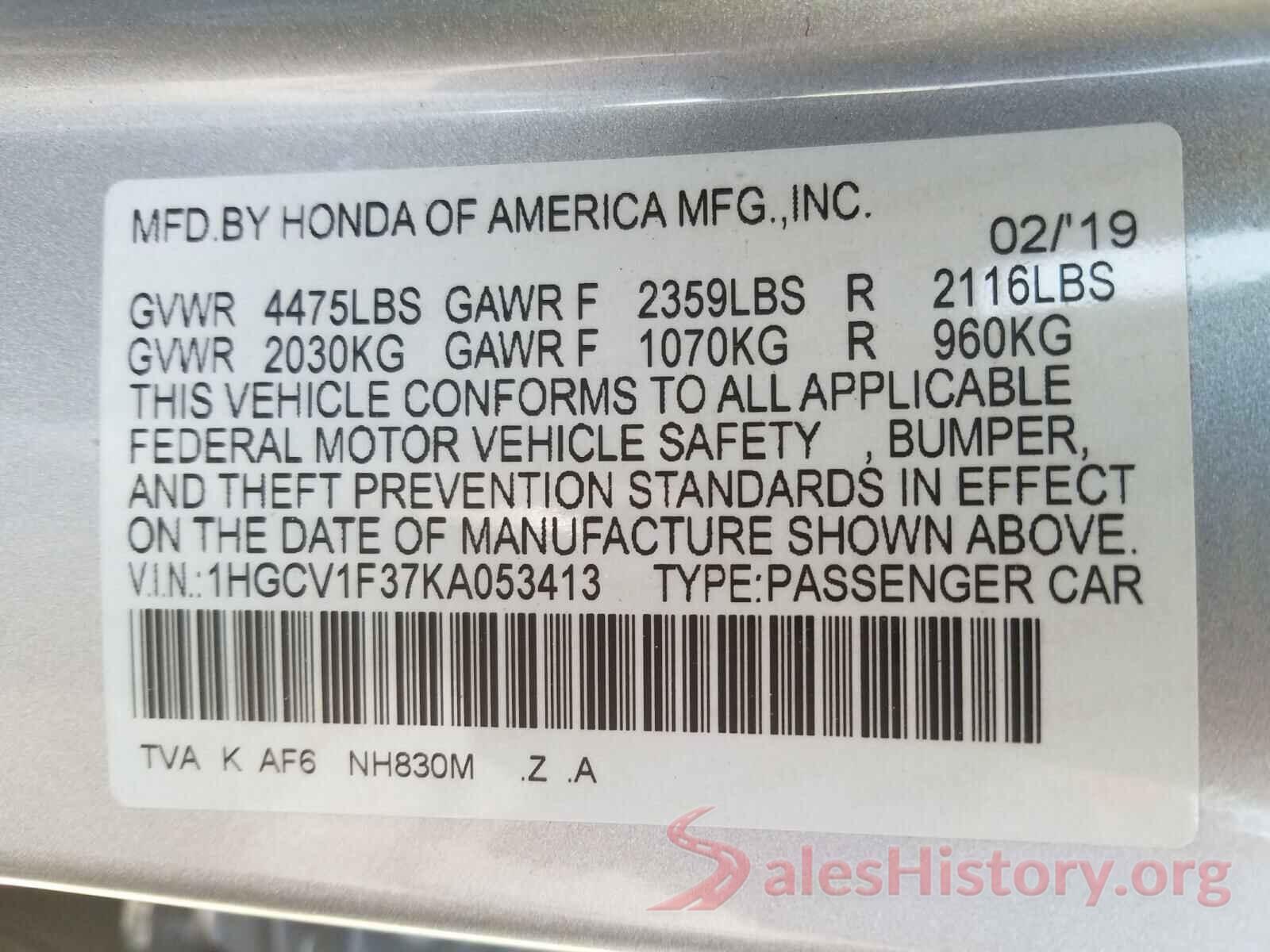 1HGCV1F37KA053413 2019 HONDA ACCORD