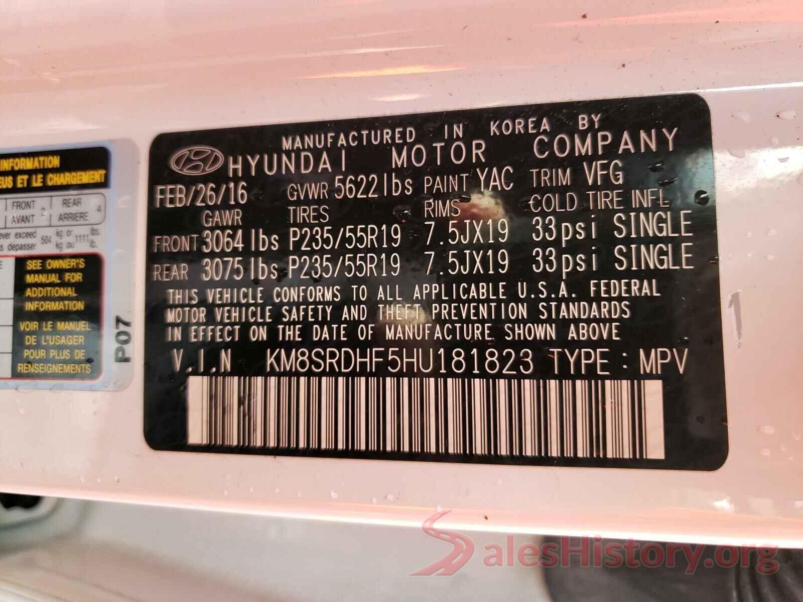 KM8SRDHF5HU181823 2017 HYUNDAI SANTA FE