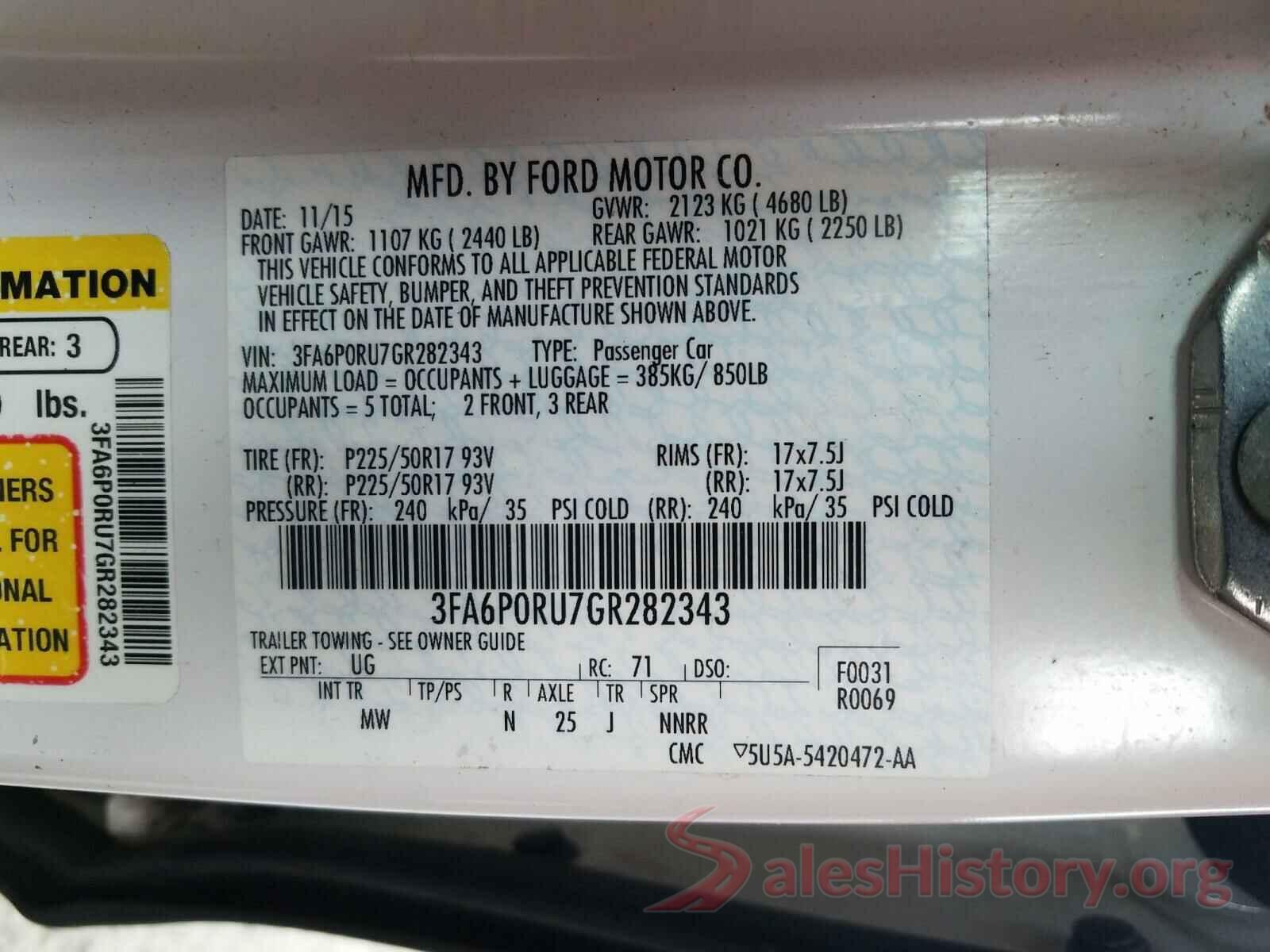 3FA6P0RU7GR282343 2016 FORD FUSION