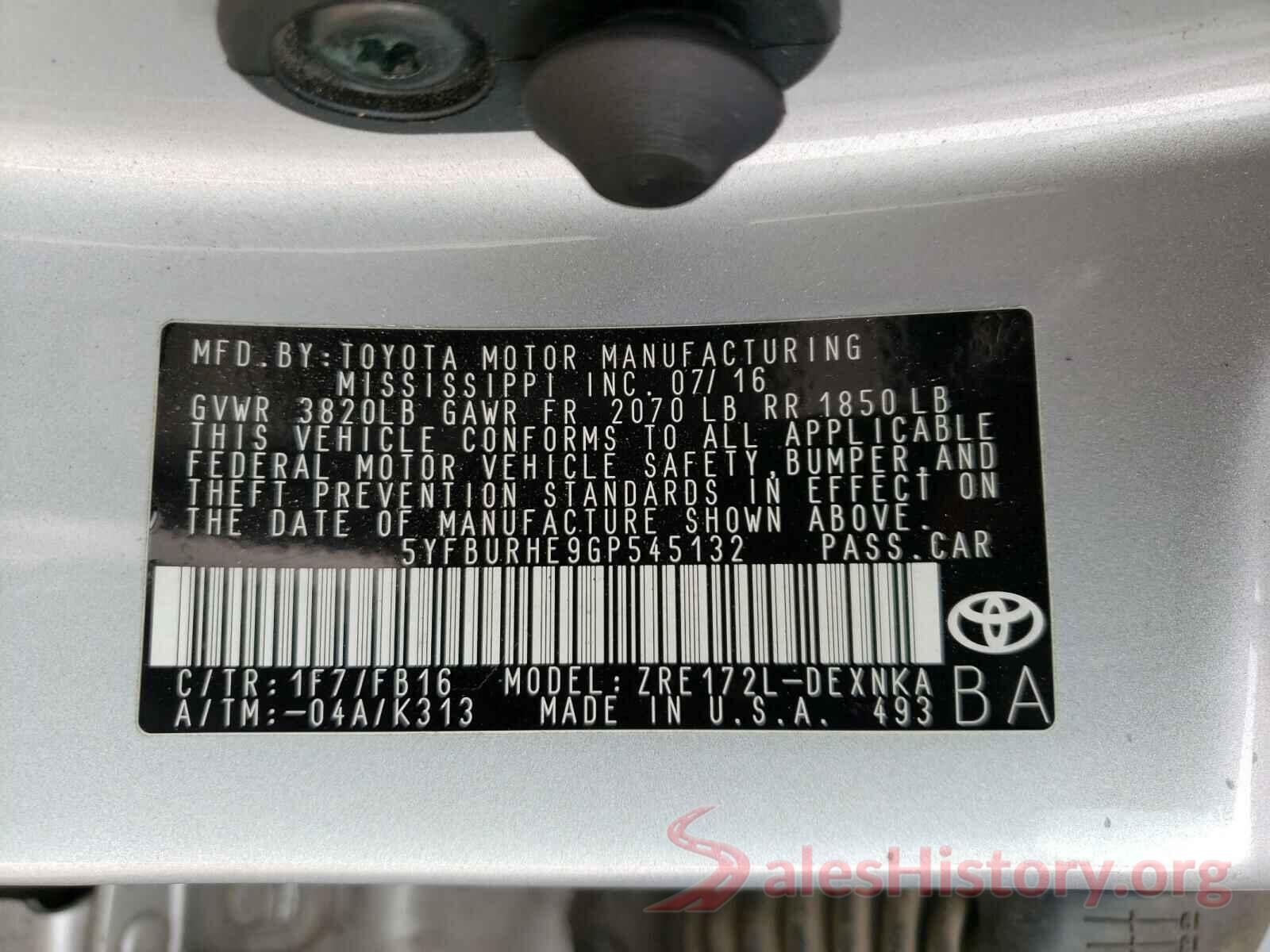 5YFBURHE9GP545132 2016 TOYOTA COROLLA