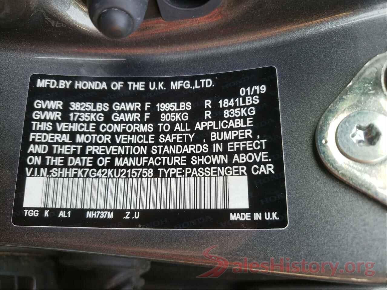 SHHFK7G42KU215758 2019 HONDA CIVIC