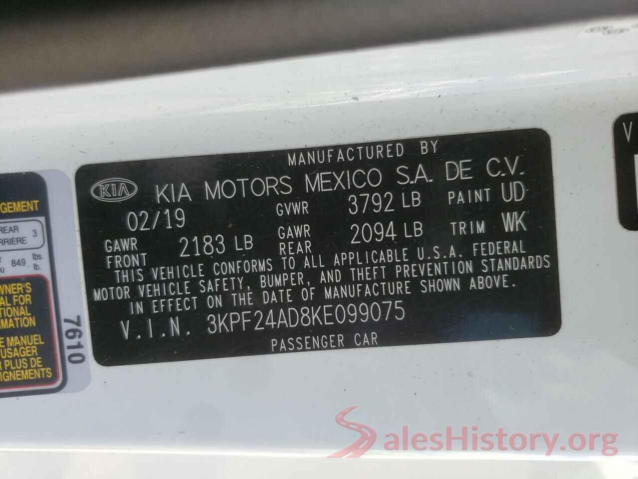 3KPF24AD8KE099075 2019 KIA FORTE