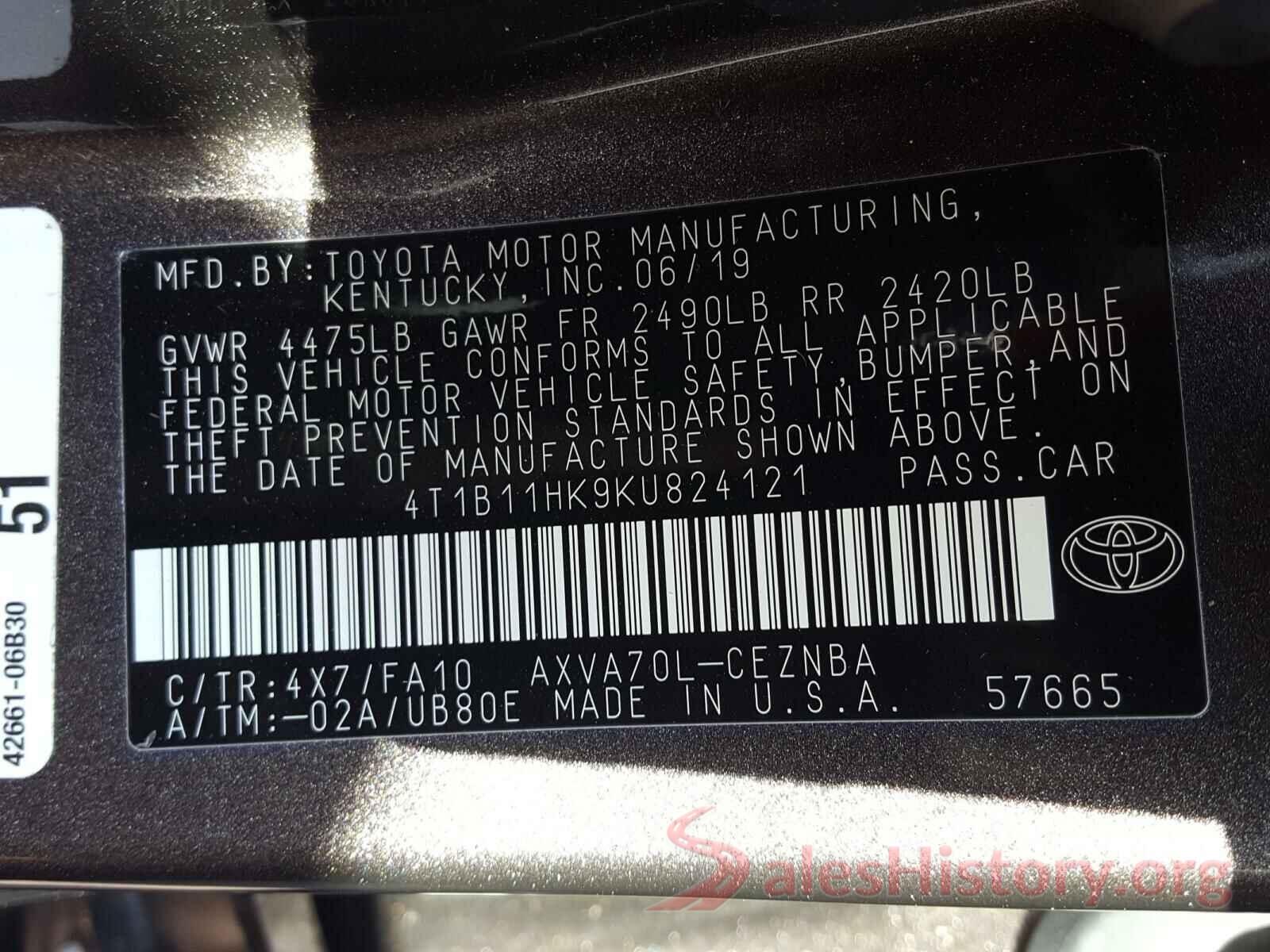 4T1B11HK9KU824121 2019 TOYOTA CAMRY