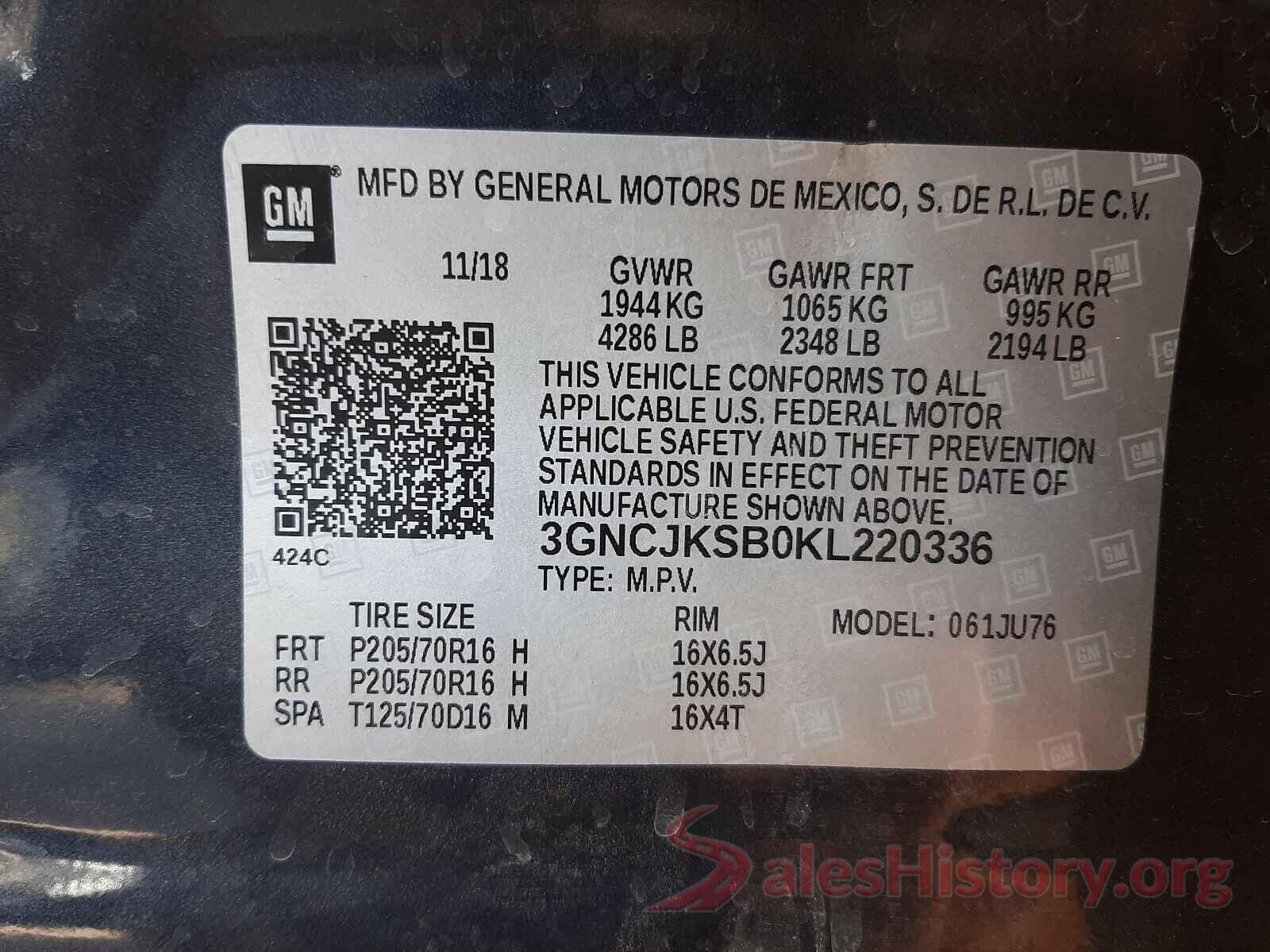 3GNCJKSB0KL220336 2019 CHEVROLET TRAX