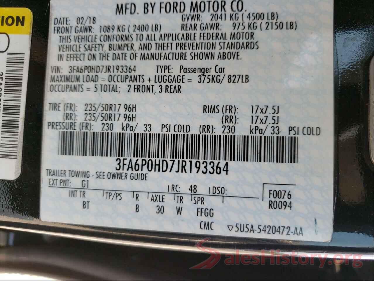 3FA6P0HD7JR193364 2018 FORD FUSION