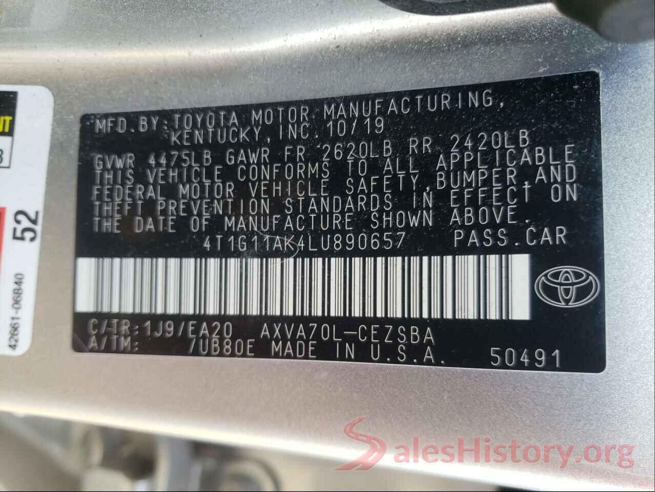 4T1G11AK4LU890657 2020 TOYOTA CAMRY