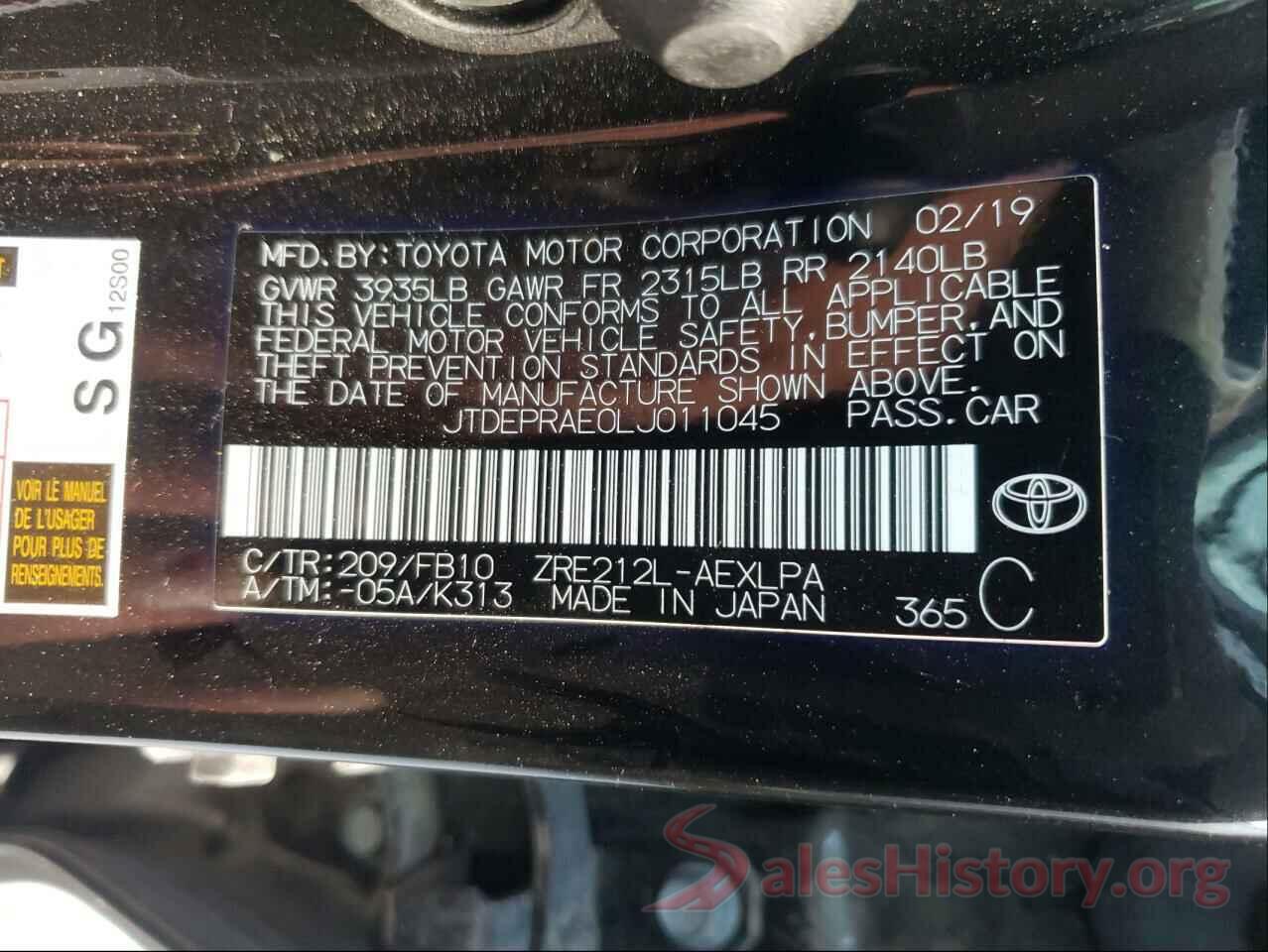 JTDEPRAE0LJ011045 2020 TOYOTA COROLLA