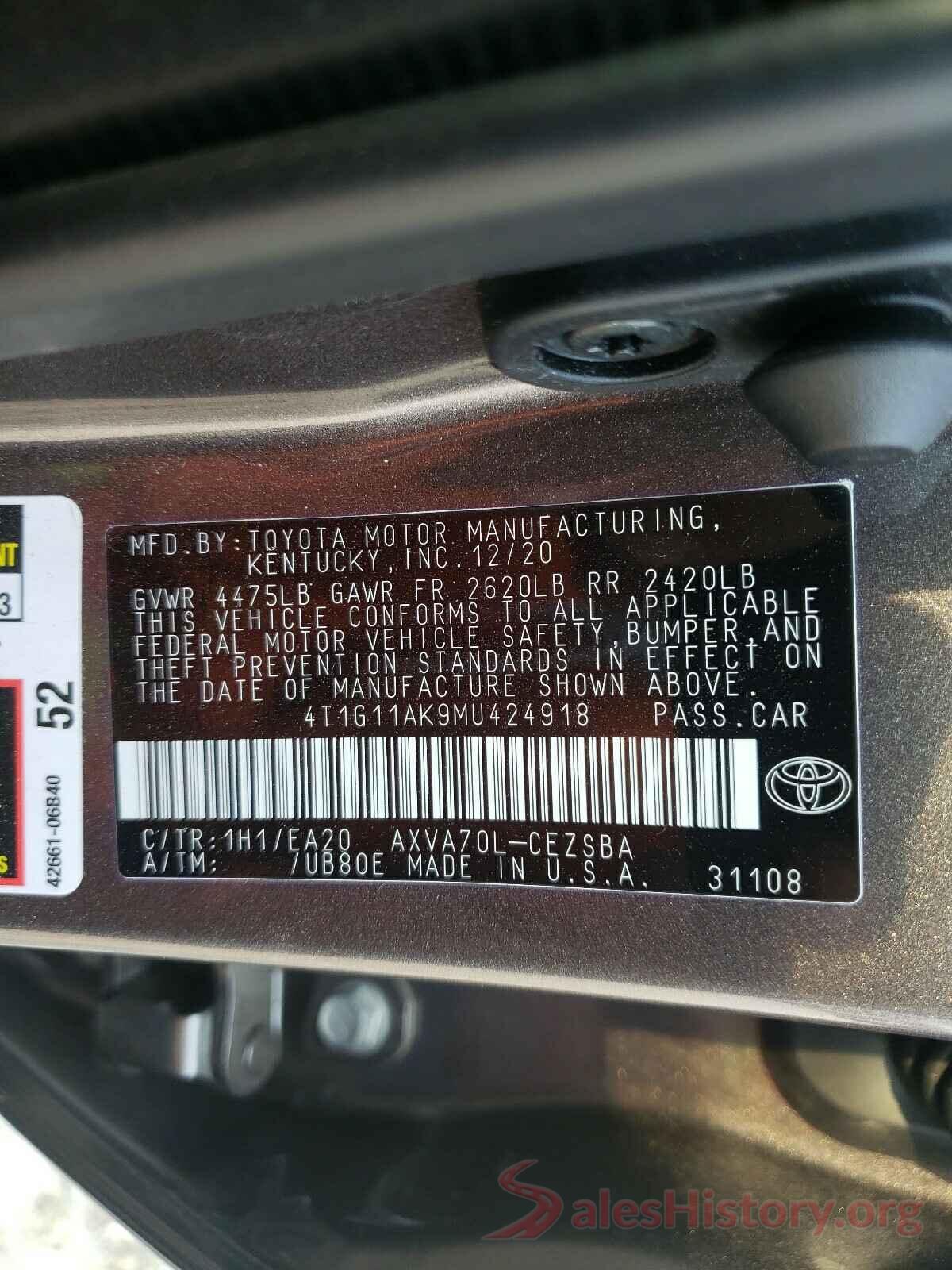 4T1G11AK9MU424918 2021 TOYOTA CAMRY