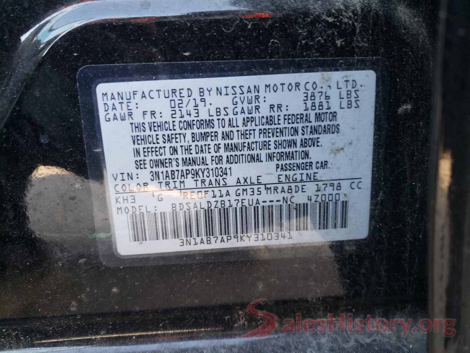 3N1AB7AP9KY310341 2019 NISSAN SENTRA