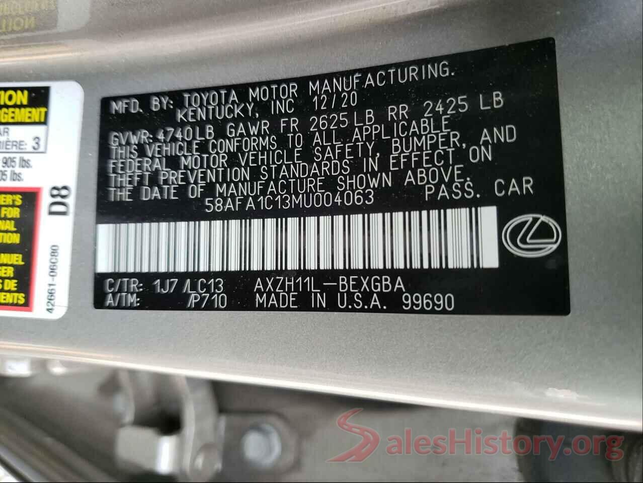 58AFA1C13MU004063 2021 LEXUS ES300