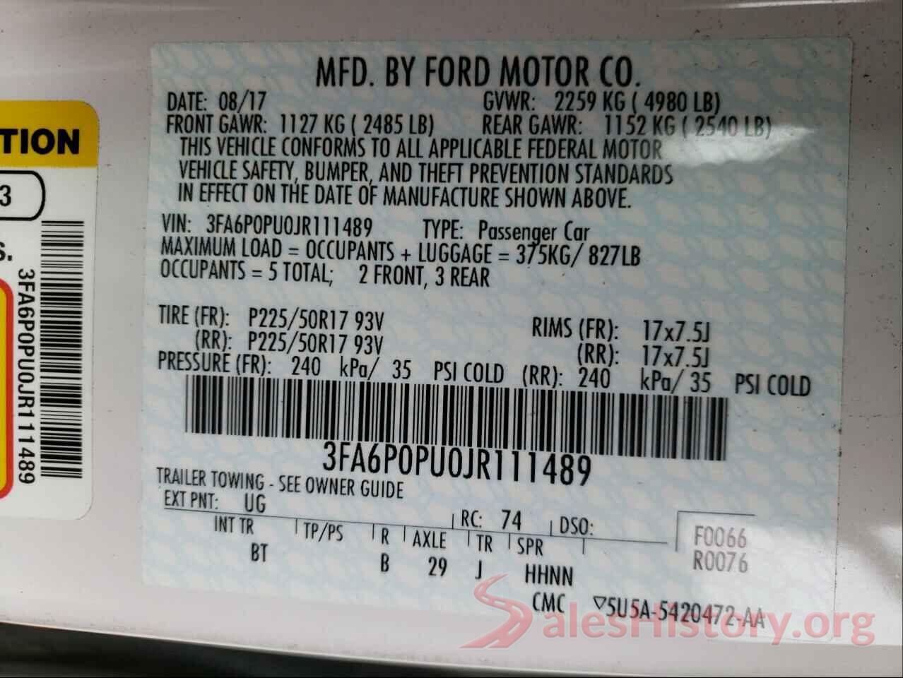 3FA6P0PU0JR111489 2018 FORD FUSION