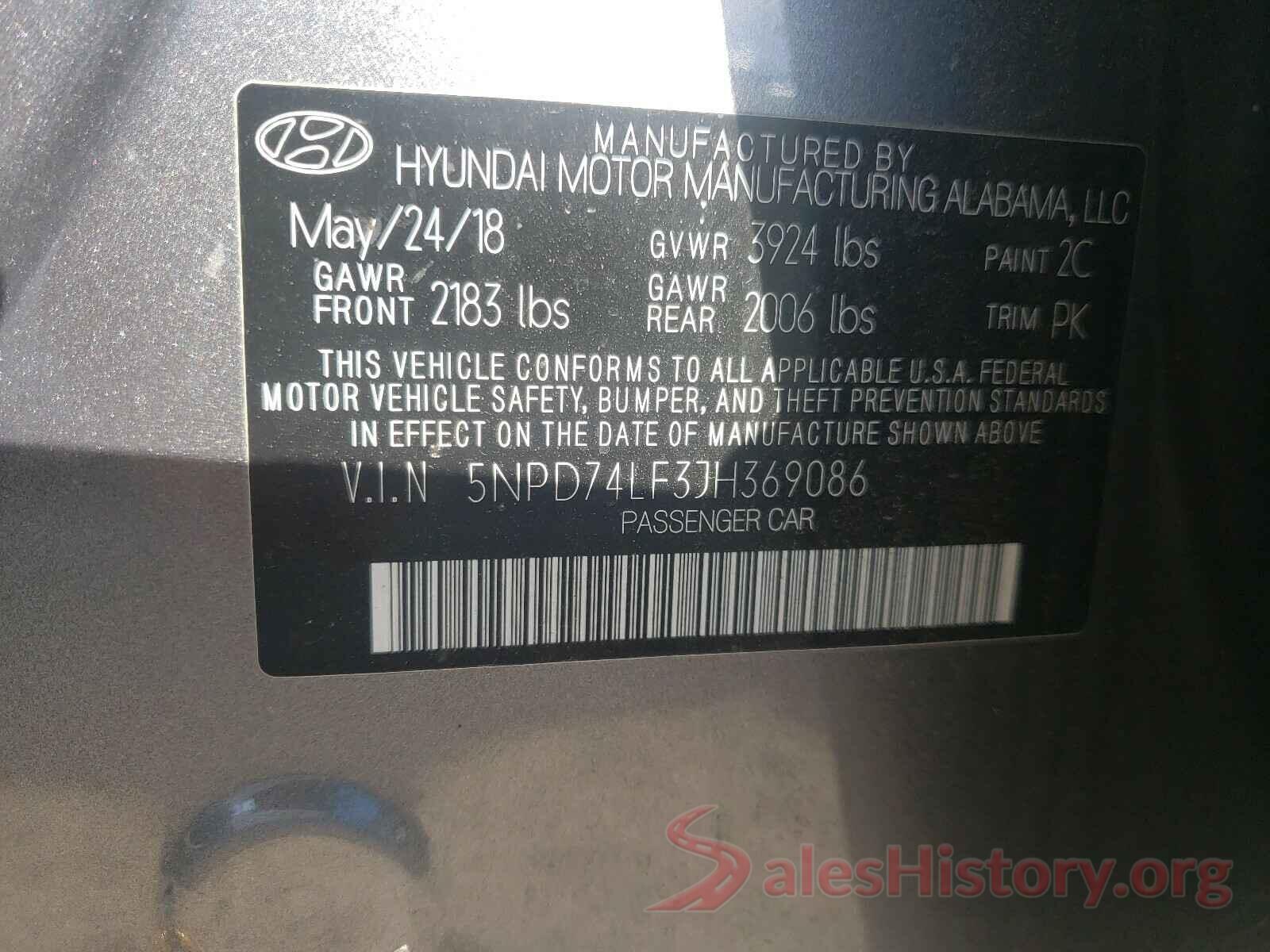 5NPD74LF3JH369086 2018 HYUNDAI ELANTRA