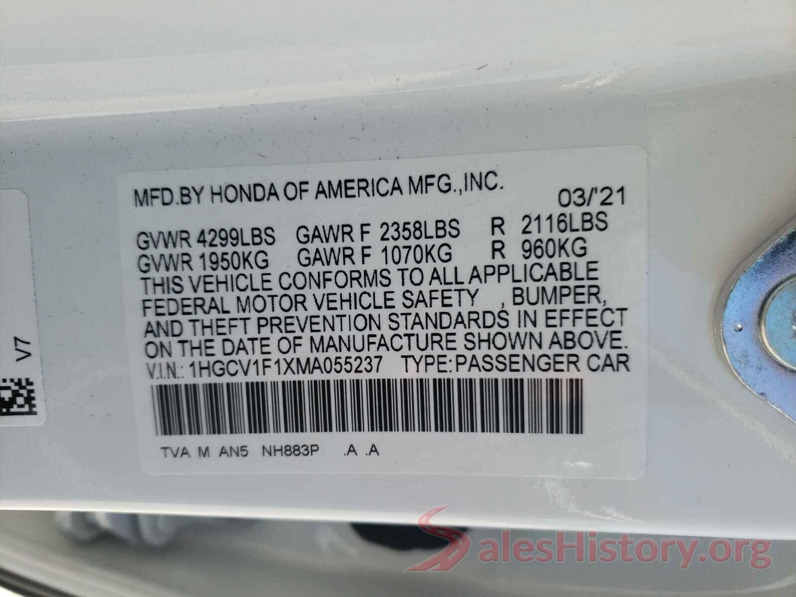 1HGCV1F1XMA055237 2021 HONDA ACCORD