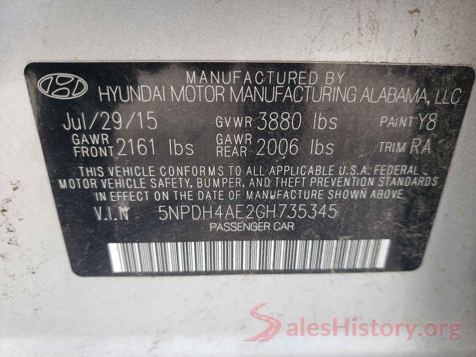 5NPDH4AE2GH735345 2016 HYUNDAI ELANTRA