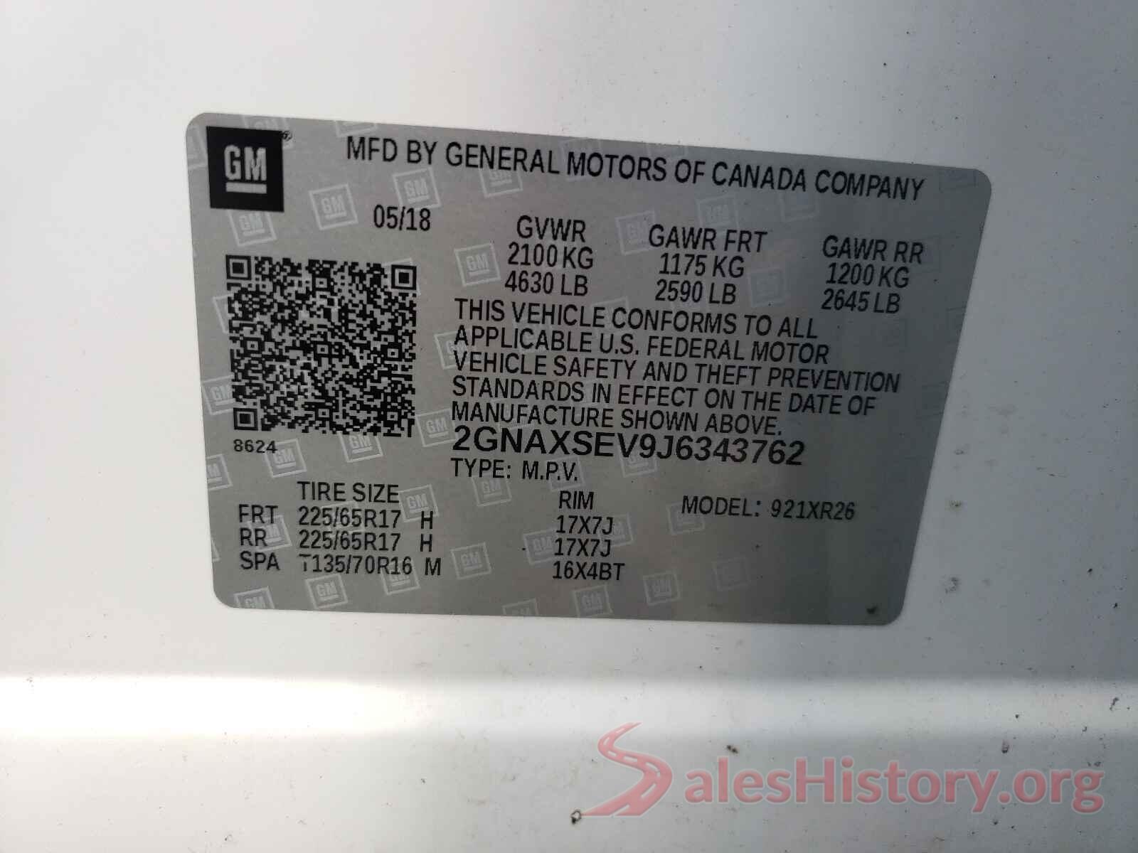 2GNAXSEV9J6343762 2018 CHEVROLET EQUINOX