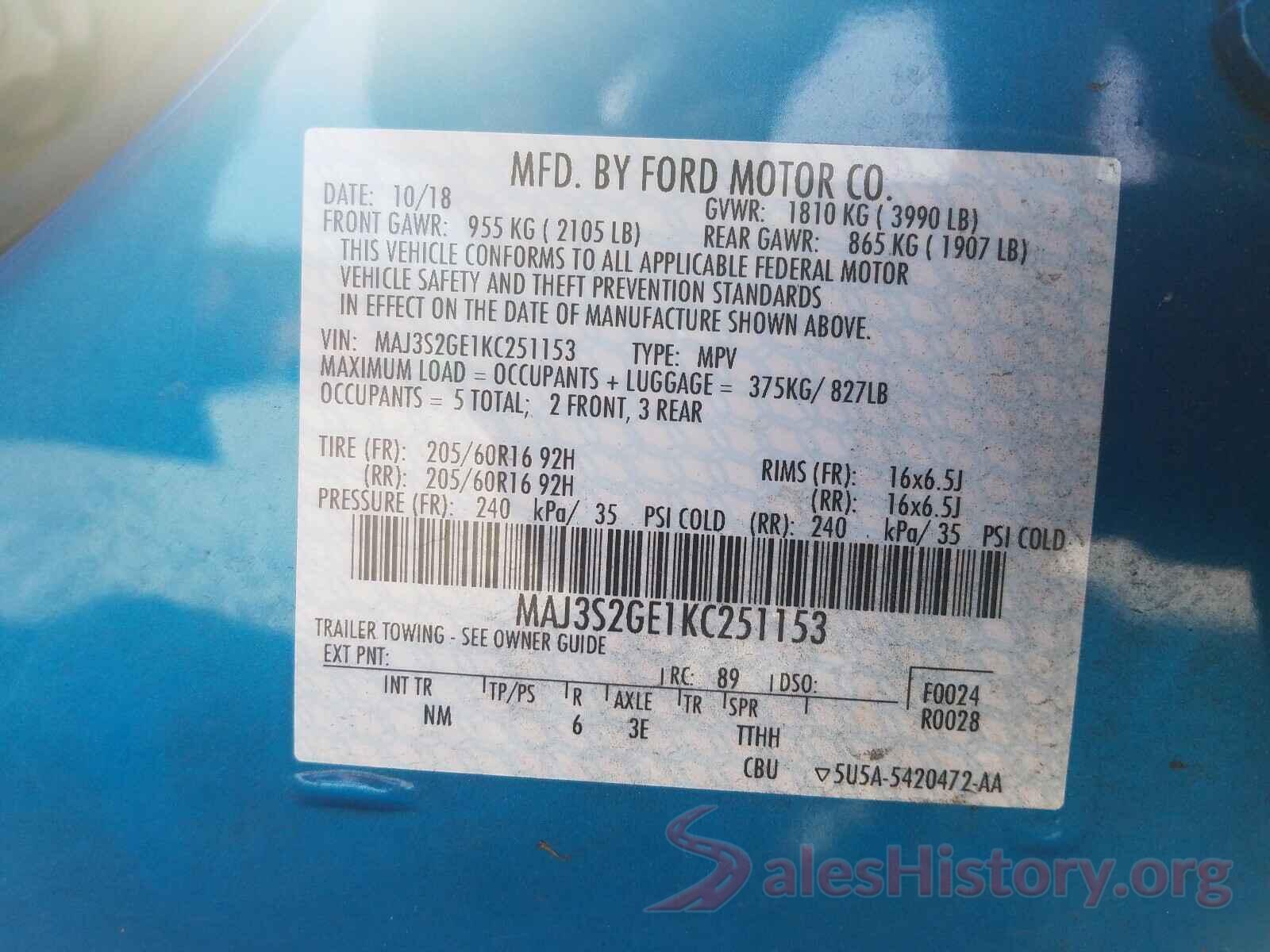 MAJ3S2GE1KC251153 2019 FORD ALL OTHER