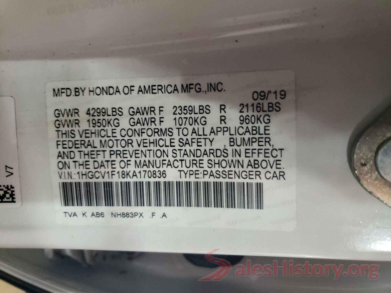 1HGCV1F18KA170836 2019 HONDA ACCORD