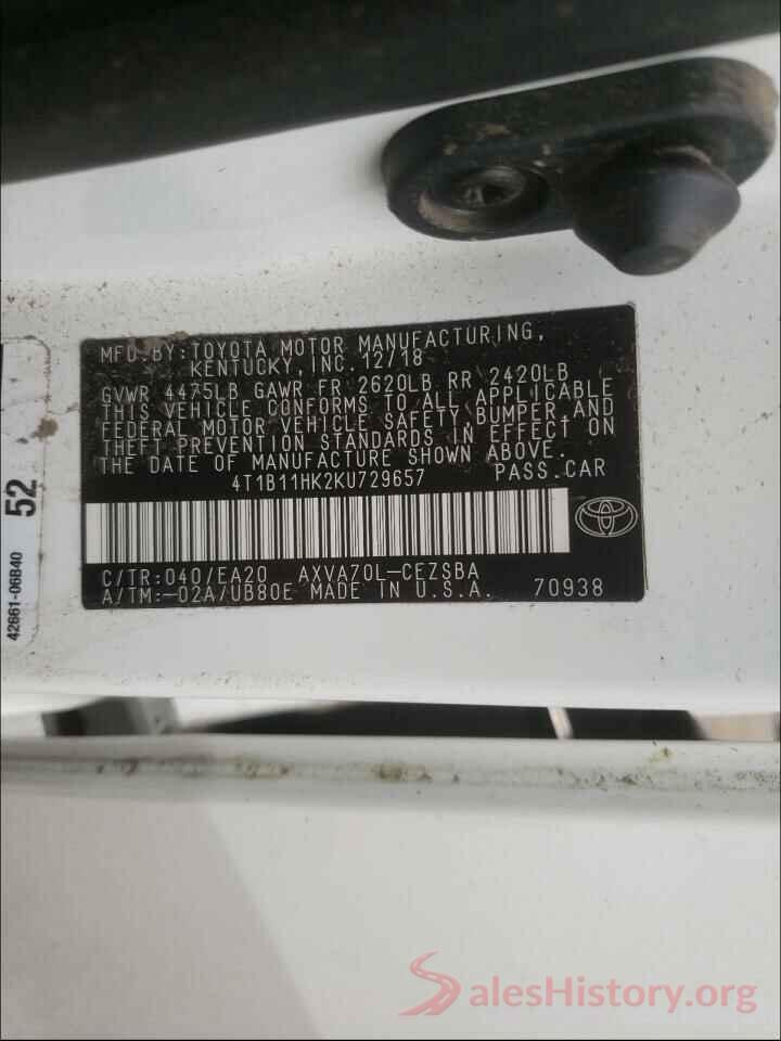 4T1B11HK2KU729657 2019 TOYOTA CAMRY