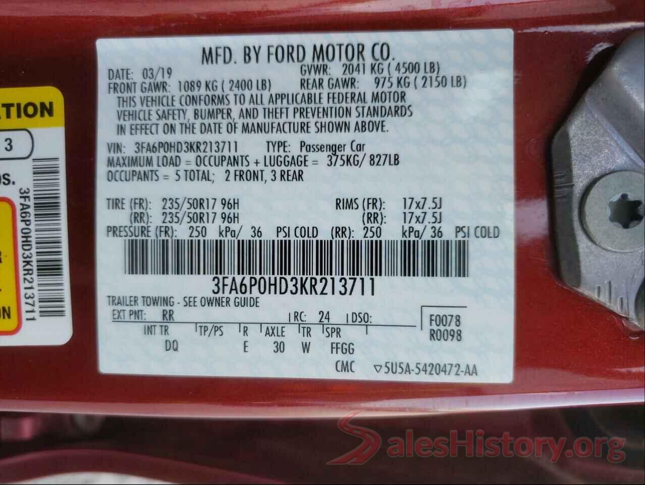 3FA6P0HD3KR213711 2019 FORD FUSION