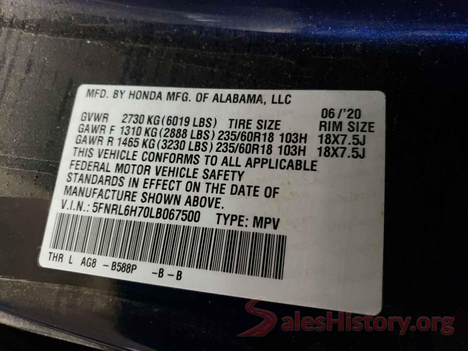 5FNRL6H70LB067500 2020 HONDA ODYSSEY