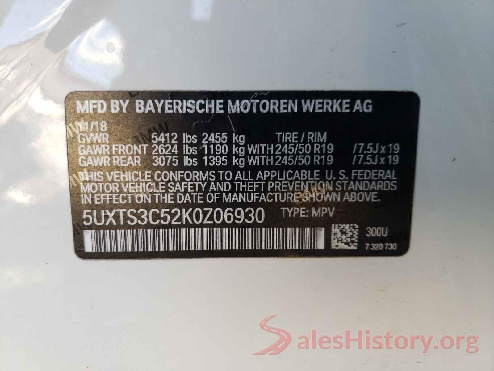 5UXTS3C52K0Z06930 2019 BMW X3