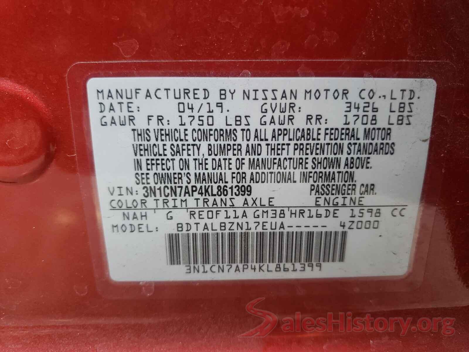 3N1CN7AP4KL861399 2019 NISSAN VERSA